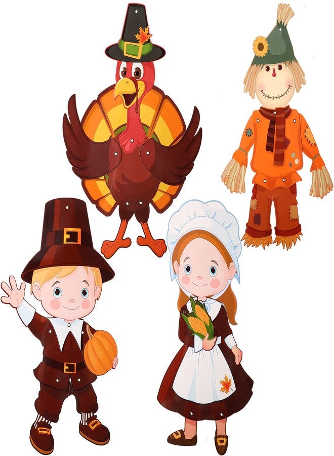 Quzzil 4 Pcs Thanksgiving Fall Harvest Decorations 18 in Turkey Scarecrow Wall Window Home Door Decoration Autumn Hanging Ornament Cutouts Thanksgiving Sign Jointed Figures Pilgrim Decor with Ribbon - Image 1